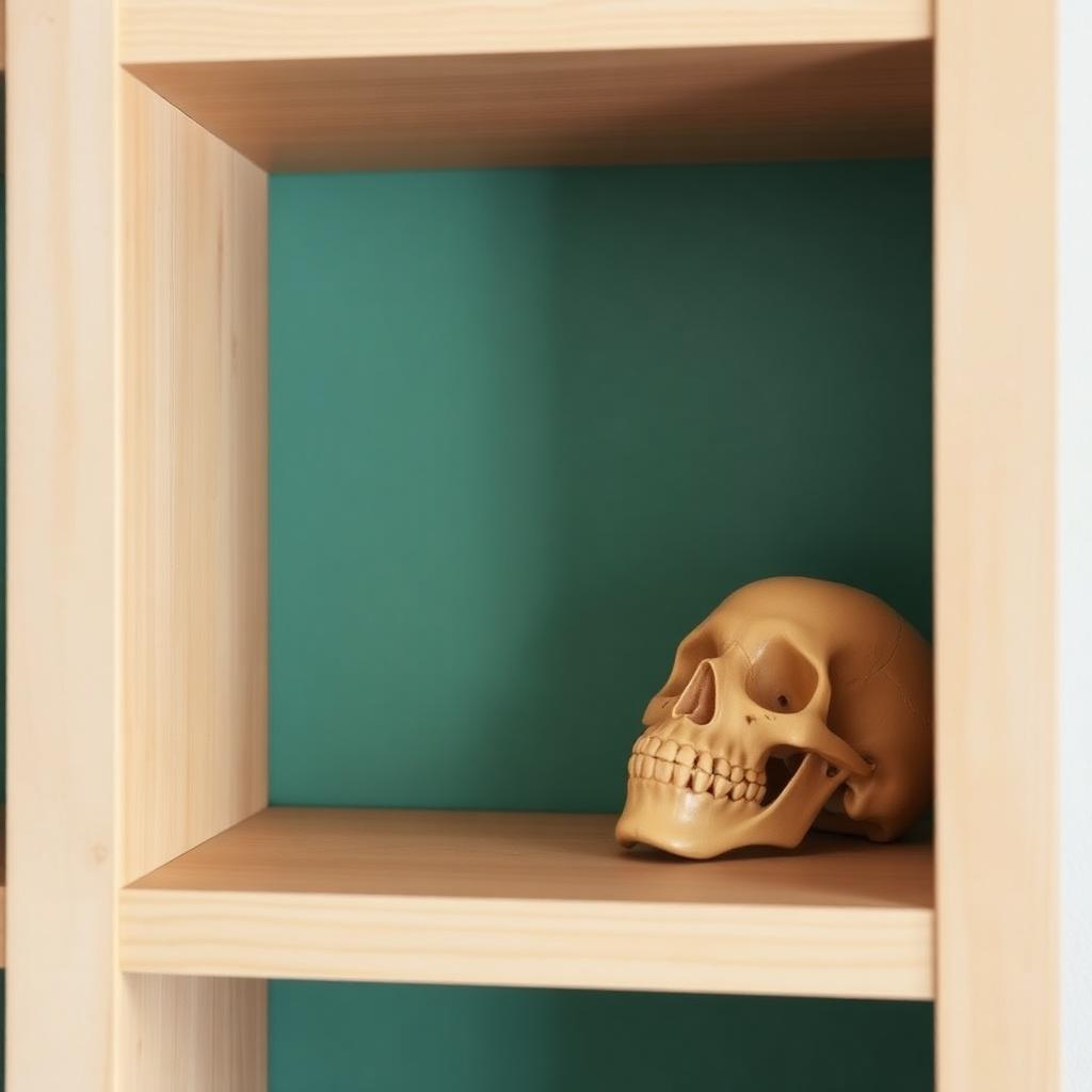 Anatomisches Kiefer- und Schädelmodell auf einem hellen Holzregal