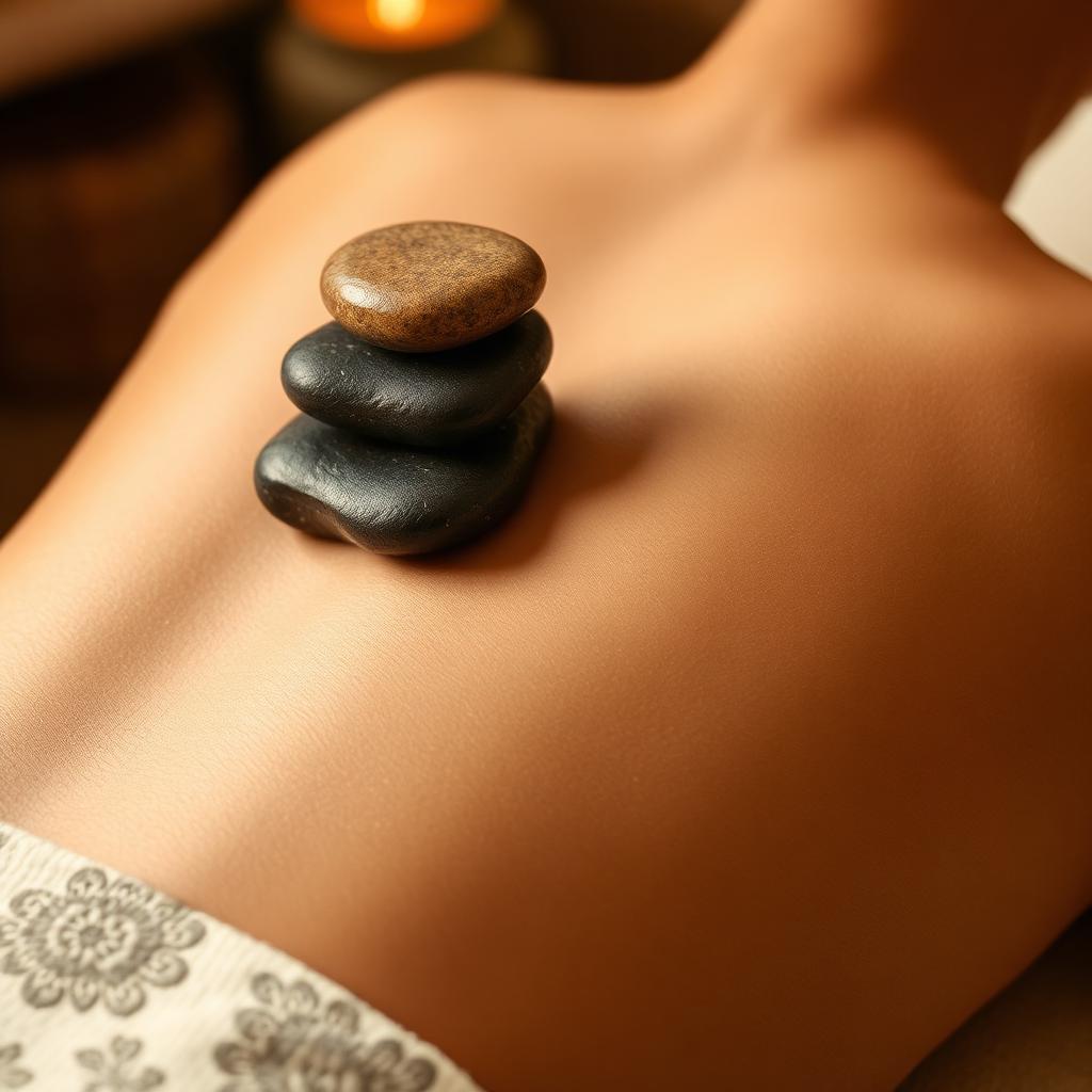 Warme Steine auf einem Rücken bei einer Massagebehandlung